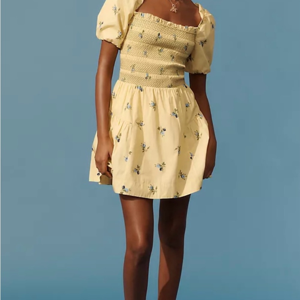 By Anthropologie Puff-Sleeve Square-Neck Smocked Mini Dress